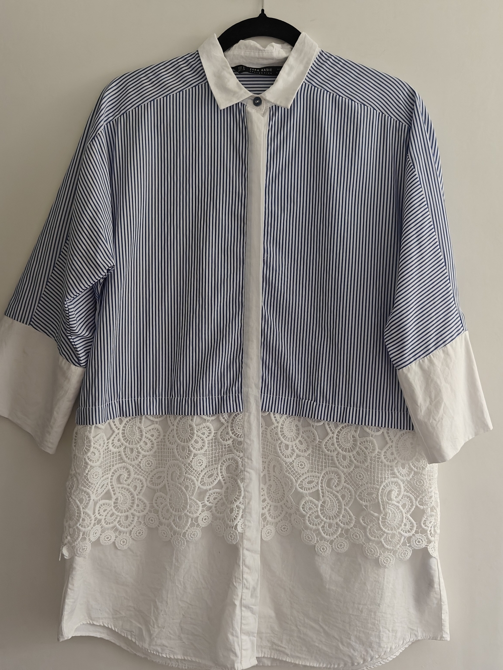 ZARA BASIC Blue/White Striped Lace Panel Collared Button-Up 3/4 Sleeve Size S
